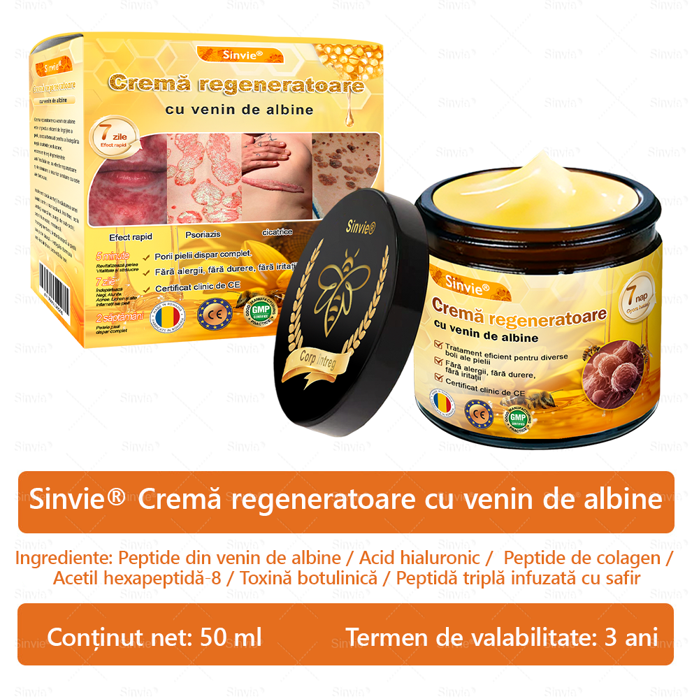 🧑⚕️Recomandat de dermatologi 🐝 Crema regeneratoare Sinvie® cu venin de albine 🔥 Ideală pentru riduri, pete pigmentare și piele lipsită de fermitate – 50 ml