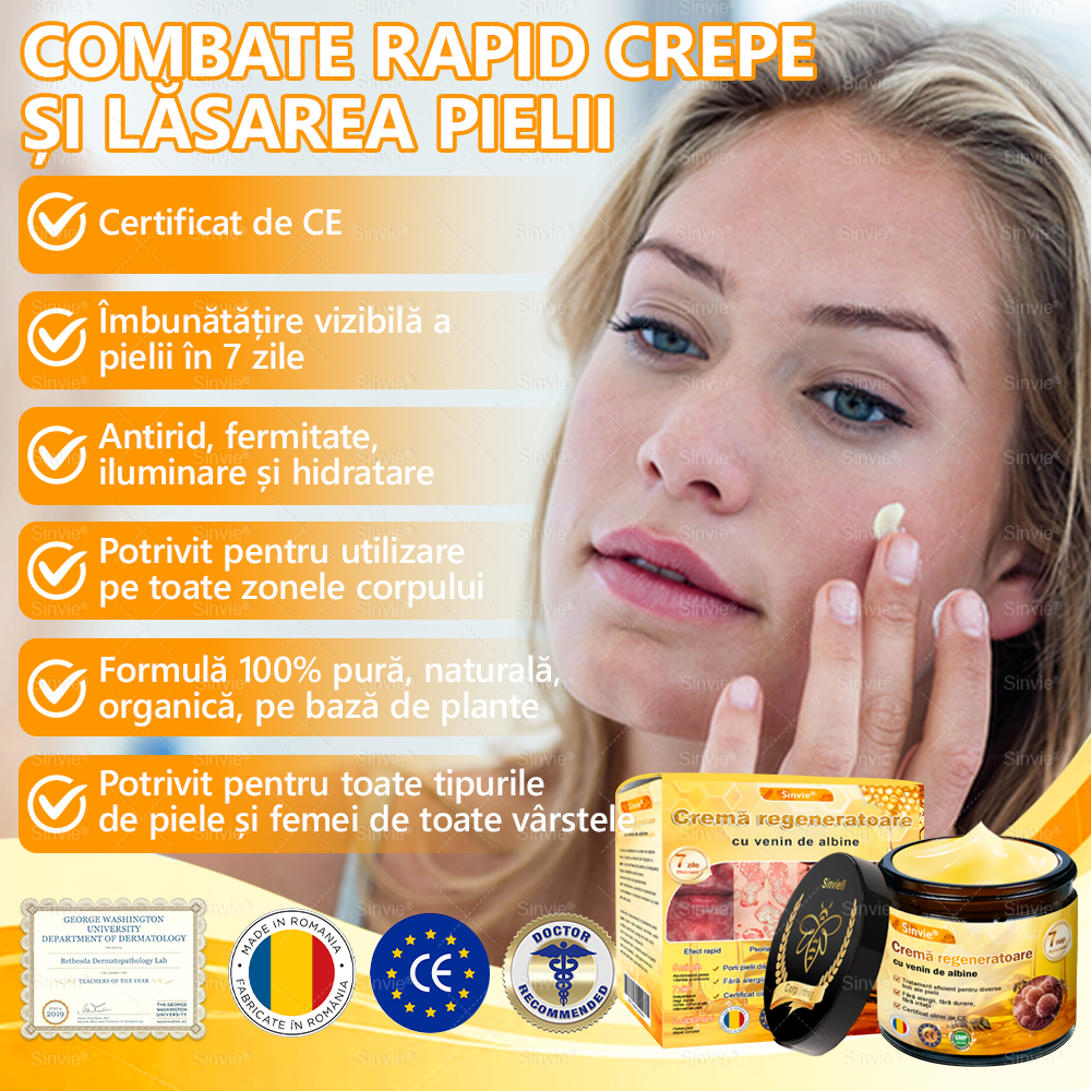 🧑‍⚕️Recomandat de dermatologi 🐝 Crema regeneratoare Sinvie® cu venin de albine 🔥 Ideală pentru riduri, pete pigmentare și piele lipsită de fermitate – 50 ml